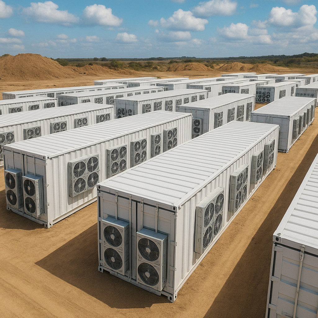 Large-scale mining operation site featuring multiple containerized systems deployed together